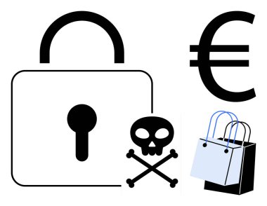 Güvenlik sembolü, avro para birimi işareti, tehlikeyi temsil eden çapraz kemikli kafatası ve alışveriş torbaları. E-ticaret güvenliği, çevrimiçi işlemler, siber suçlar, dijital güvenlik için ideal