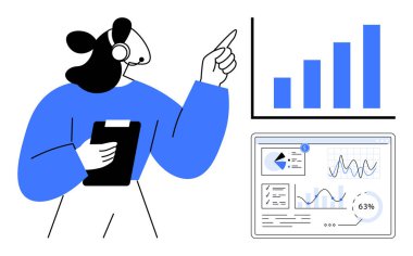 Kulaklığı ve panosu olan biri ekrandaki bar grafik verilerini, performans ölçümlerini ve analizleri açıklıyor. Ticari büyüme, analitik, takım çalışması, sunumlar, danışmanlık, veri güdümlü