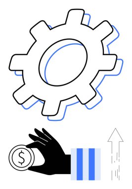 Çarklar verimliliği temsil eder, paralı eller yatırımı ifade eder ve ok da ilerlemeyi. Finans, iş büyümesi, girişimler, yenilikler, strateji başarısı ve verimlilik için ideal. Düz