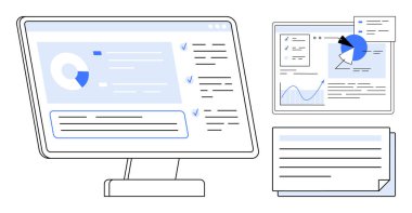 Monitör ekranında çizelgeler, grafikler ve kontrol listesi arayüzü olan veri paneli var. Ek unsurlar arasında ayrıntılı bir analitik rapor ve bir belge yer almaktadır. Veri analizi, raporlama ve iş için ideal