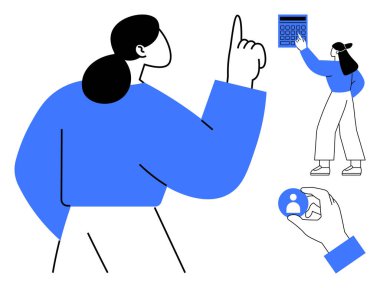 Kendine güveni tam bir kadın, elinde hesap makinesi ve kullanıcı simgesi tutuyor. İş, muhasebe, analiz, karar verme, liderlik, finans profil ayarları için ideal. Temiz düz basit metafor