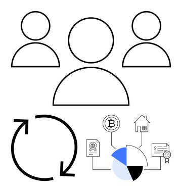 Soyut grup simgeleri, süreçler için döngü okları, ve kripto para birimli diyagramlar, gayrimenkul, veri paylaşımı. Takım operasyonları, iş akışı, yatırım, engelleme veri entegrasyonu için ideal modern