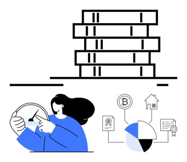 Bilgiyi sembolize eden kitap yığını, kontrolü temsil eden kişi ve blok zinciri, yatırım ve pasta grafikleri için simgeler. Finans, engelleme zinciri, eğitim, veri analizi ekonomisi için ideal