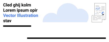 Grafikleri ve çizelgeleri olan raporların yanında bulut şekli var. Teknoloji, veri analizi, bulut hesaplama, dijital dönüşüm, dosya yönetimi, üretkenlik, basit iniş sayfası için ideal