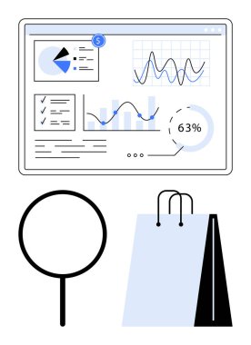 Çizelgeler, grafikler, büyüteç ve alışveriş çantası olan analitik gösterge paneli. Analiz, perakende, ekommerce, pazarlama araştırma veri görselleştirme araştırması için idealdir. Düz basit metafor
