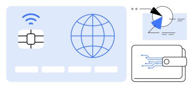 Kablosuz çipli kredi kartı, küresel bağlantıyı sembolize eden dünya simgesi devre çizgili dijital cüzdan, analitik şema. Finans, fintech, işlemler, bağlantı ve analitik için ideal