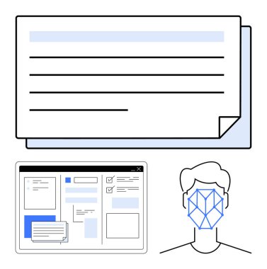 Dijital belgeler, kullanıcı arayüzü penceresi ve yüz tanıma grafikleri. Çevrimiçi güvenlik, kimlik doğrulama, teknoloji, iş akışı, otomasyon, dijital dönüşüm veri gizliliği için ideal