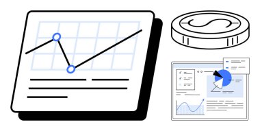 Çizgi grafik renklendirme trendleri, pasta grafiği analizli dijital panel ve finansı sembolize eden para. Veri analizi, mali büyüme, iş planlaması, teknoloji, yatırım, strateji için ideal