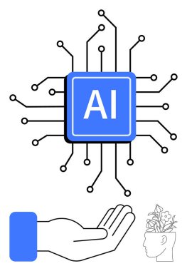 Devre çizgileri olan yapay zeka mikroçipi, rehberliği temsil eden uzatılmış el ve yaratıcılığı, gelişimi ve yeniliği temsil eden çiçeklerle dolu insan kafası. Teknoloji için ideal, yapay zeka, insan-makine.