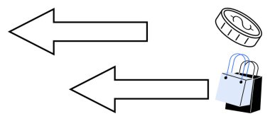 Karşıt yönleri gösteren iki ok döviz kurunu simgeler, alışveriş torbaları ise iyi hizmetleri temsil eder. Ticaret, ticaret, işlem, ekonomi, takas, finansal akış için ideal