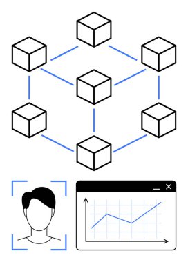 Ağ küpleri engelleme zincirini temsil eder, grafik veri eğilimlerini görselleştirir ve yüz tanıma dijital kimlik tasvir eder. Veri güvenliği, engelleme zinciri, kimlik yönetimi, teknoloji, yapay zeka, büyüme için ideal