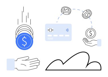 Düşen paralar, işlemleri kolaylaştıran bir kredi kartı ve para değiş tokuşu yapan eller. Finans, bankacılık, e-ticaret, ödeme sistemleri, dijital cüzdanlar tasarruflar için idealdir. Düz basit