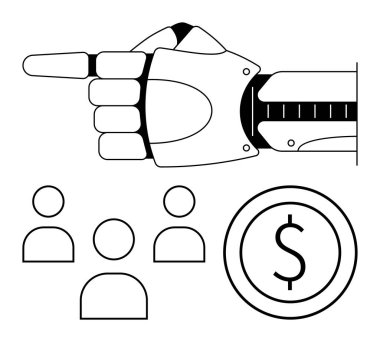 İnsan profilleri yakınımızdayken robotik kol bir dolar işaretini işaret ediyor. Teknoloji, otomasyon, iş gücü, robot bilimi, yapay zeka entegrasyonu, karar verme mekanizması, gelecekteki ekonomi için idealdir. Düz basit