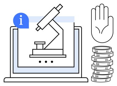 Dizüstü bilgisayarda gösterilen mikroskop araştırmadaki teknolojiyi vurguluyor, el hareketi rehberliği vurguluyor, madeni paralar fonu simgeliyor. Teknoloji, eğitim, yenilik, araştırma, finansman, analiz için ideal
