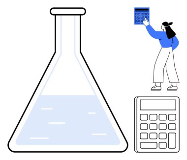 Sıvı şişesi, hesap makinesi tutan kadın ve büyük bir hesap makinesi BTMM alanları ve kritik analizleri vurguluyor. Bilim, eğitim, araştırma, yenilik, teknoloji, sorun çözme dairesi için ideal
