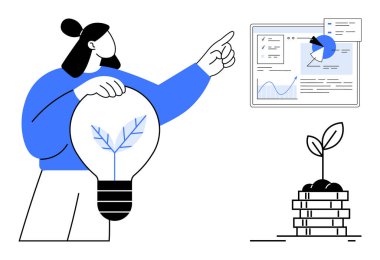 Çevre dostu ampul tutan bir kadın, analitik verilere grafiklerle ve büyüme ölçüleriyle işaret ediyor, bozuk paraların üzerinde büyüyen küçük bir bitki. Sürdürülebilirlik, yatırım, analitik, eğitim için ideal