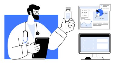 Doktor hasta verilerini ve analizlerini bilgisayar ekranlarında incelerken ilaç ve tableti tutuyor. Sağlık, veri görselleştirme, teletıp, araştırma, yenilik, teknoloji için ideal