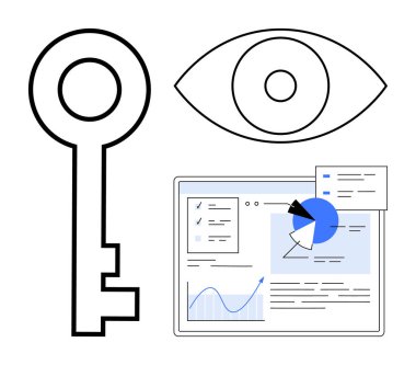 Güvenlik, içgörü ve analizi temsil eden grafik ve diyagramların olduğu bir veri panelinin yanında anahtar ve göz sembolleri. Konseptler için ideal veri güvenliği, vizyon, strateji, iş büyümesi