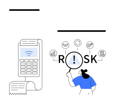 Kablosuz ödeme terminali RISK metninin üzerinde analitik simgelerle birlikte bir büyüteç yanında fatura yayınlıyor. Fintech, iş riski, teknoloji, veri analizi, ticaret, karar verme, soyut çizgi için ideal