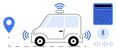 Otomobil GPS konumuna bağlı, kablosuz sinyaller yayıyor, entegre ses asistanı ve hesap makinesi. Yenilik, teknoloji, yapay zeka, otomasyon, seyrüsefer için ideal.