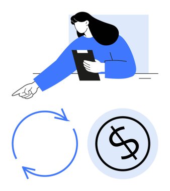 İş kadını elinde daire şeklinde oklar ve bir doların yanında bir pano tutarken önünü işaret ediyor. İş süreçleri, mali yönetim, ekonomik modeller, görevler akışı ve liderlik için ideal