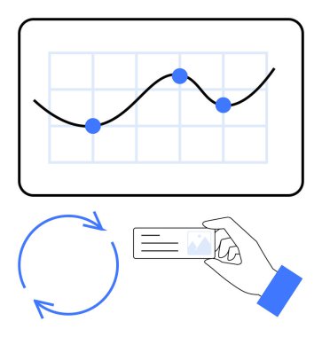 Veri noktaları olan çizgi grafiği, iş akışı için dairesel ok, el ele tutuşan kimlik kartı. Analiz, iş akışı optimizasyonu, kullanıcı kimlik doğrulaması, raporlama, kimlik doğrulama, veri izleme dairesi için ideal
