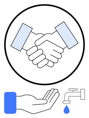 Ortaklık için el sıkışma sembolü, su musluğu sürdürülebilirliği sembolize eden, destek için uzanan el. İşbirliği, güven, sorumluluk, yardım, çevre bakımı, yardım için ideal