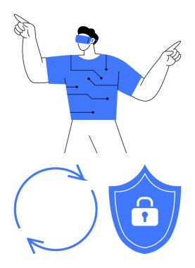 Arttırılmış gerçeklik gözlüğü kullanan bir adam, gömlekte devre kartı deseni, dönen oklar ve kilitli kalkan. Teknoloji için ideal, VR deneyimi, siber güvenlik, yenilik, veri akışı, gizlilik dijital