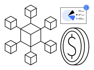 Yapılandırılmış ağa bağlı blok zinciri düğümleri, analizli pasta grafiği, dolar işaretli tek bozuk para. Teknoloji, kripto para birimi, finans, veri analizi, yenilik, yatırım için ideal