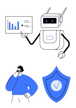 Robot çizelgeyi analitik ile sunar, kararları düşünen kişi, kalkanı da güvenliği sembolize eden işaretle. Teknoloji, yapay zeka, veri analizi, karar verme, siber güvenlik, yenilik için ideal