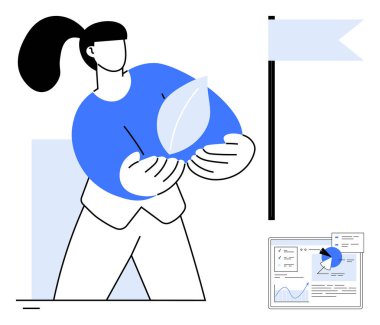 Sürdürülebilirliği simgeleyen bir yaprak tutan kadın, başarıyı simgeleyen bayrak ve ilerlemeyi gösteren veri tabloları. Ekoloji, başarı, analiz, iş büyümesi, yenilik, planlama için ideal