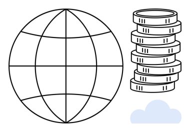 Bir yığın bozuk para ve bulut yanında enlem ve boylam çizgileri olan bir dünya. Ekonomi, küreselleşme, finans, teknoloji, dijital para, ticaret, yatırım için idealdir. Düz basit metafor