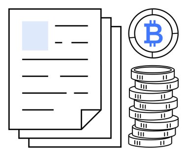 Belgeler Bitcoin logosu ve madeni para destesinin yanında. Kripto para birimi, fintech, engelleme zinciri, sanal işlemler, dijital varlıklar, ademi merkeziyetçi finans, düz basit metafor için ideal