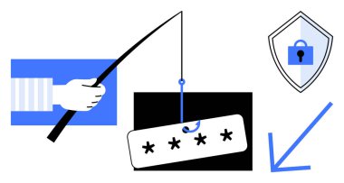 Elinde oltayla bir olta tutarak şifre etiketini yakalıyor, yanında da kilit korumalı bir kalkan ve yön oku var. Siber güvenlik, veri koruması, phishing farkındalığı ve çevrimiçi güvenlik için ideal
