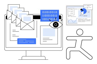 E- postalı bilgisayar ekranı, ikili kod, analitik gösterge paneli ve kullanıcı simgesi. Teknoloji, üretkenlik, veri güvenliği, iş akışı optimizasyonu, iletişim dijital analizleri için ideal basit