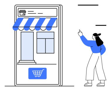 Büyük bir akıllı telefon ekranını işaret eden bir kadın alışveriş arabasının düğmesiyle çevrimiçi bir mağaza vitrini gösteriyor. E-ticaret, çevrimiçi alışveriş, perakende, teknoloji, iş büyümesi, kolaylık için ideal
