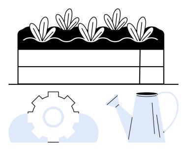 Bahçe yatağında büyüyen bitkiler, planlamayı sembolize eden bir dişli ve bakım için bir su bidonu. Sürdürülebilirlik, bahçıvanlık ipuçları, takım çalışması, yenilik, planlama büyümesi, bakım için ideal