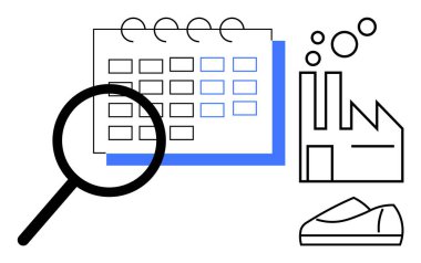 Fabrika ve ayakkabı ikonlarının yanındaki takvimi inceleyen büyüteç. Proje yönetimi, üretim zamanlaması, üretim analizi, envanter kontrolü, zaman yönetimi, sanayi