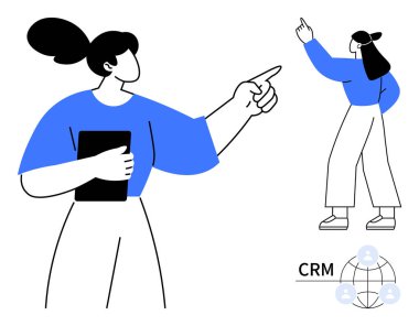 İşbirlikçi tartışmalara giren iki kişi, bir CRM ağına vurgu yaparak işaret edip analiz ediyorlar. İş için ideal, takım çalışması, üretkenlik, iletişim, CRM, teknoloji sade