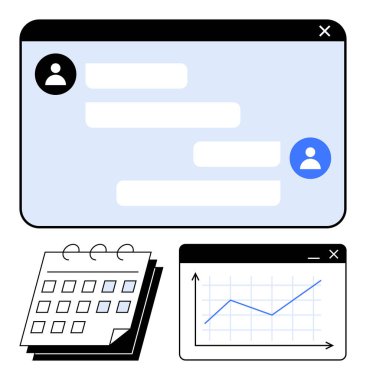 Mesajlarla sohbet arayüzü, spiral takvim ve yukarı doğru eğilimli çizelge. İletişim, programlama, verimlilik, zaman yönetimi, işbirliği analitik organizasyonu için ideal. Düz