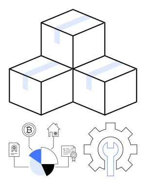 Bir vites simgesinin, pasta grafiğinin ve zincire bağlı görsellerin yanına istiflenmiş karton kutular. Lojistik, tedarik zinciri, engelleme zinciri, teknoloji, analitik iş süreçleri e-ticaret için ideal. Düz