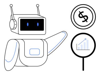 Anten işaretli bir robot ve yükselen grafiğin üzerinde büyüteç. Yapay zeka, teknoloji, finans, analiz, yenilik, iş stratejisi, ekonomi için idealdir. Düz basit metafor