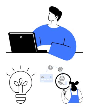 Mavi gömlekli bir dizüstü bilgisayar üzerinde çalışan adam, fikri temsil eden ampul, kredi kartıyla online ödeme işlemi, ve mali tasarruflar için para tutan adam. İş ve finans için ideal