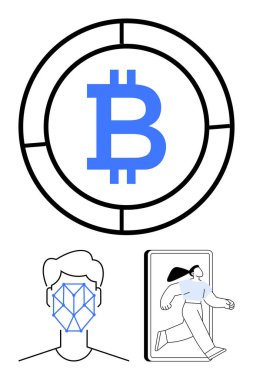 Dairesel sınır içinde Bitcoin logosu, kullanıcı tanıma için geometrik bir yüz örgüsü ve telefon ekranından çıkan bir kişi. Kripto para birimi, teknoloji, dijital kimlik ve güvenlik için ideal