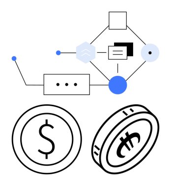 Birbirine bağlı düğümler ve şekiller ile akış şeması işlem otomasyonunu temsil ediyor, dolar ve kripto para ile eşleştirilmiş. Finans, engelleme zinciri, fintech, ticaret, yatırım, bankacılık için ideal