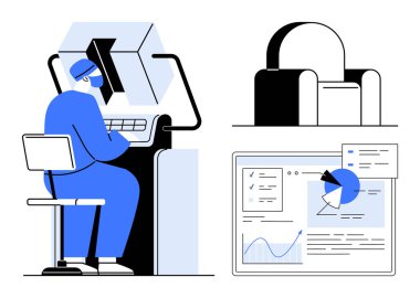 3 boyutlu elementlerle bilgisayar üzerinde çalışan tasarımcı, ergonomik sandalye konsepti, veri görselleştirmesi. Teknoloji, üretkenlik, iş akışı, yenilik, kullanıcı arayüzü, basit analizler için ideal