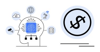 Bulut, robot ve veri simgeleriyle çevrili devre beyni olan insan kafası bir dolar sembolüne bitişik. Teknoloji, yapay zeka, finans, yenilik, bağlantı makinesi öğrenimi için ideal
