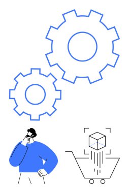 İki büyük vites, düşünen bir adam, alışveriş arabasına giren üç boyutlu bir nesne. Yenilik, problem çözme, otomasyon, teknoloji, e-ticaret karar geliştirme ürünlerini temsil ediyor. Düz basit