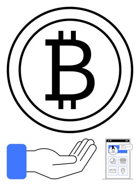 Bitcoin simgesi, aşağıda açık el hareketi, ve yanında dijital cüzdan arayüzü. Finans, kripto para birimi, engelleme zinciri, e-ticaret, bağış fintech ödeme konseptleri için idealdir. Düz