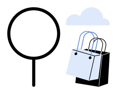 İki alışveriş çantasının yanında büyüteç simgesi ve arka planda bir bulut. Çevrimiçi alışveriş, e-ticaret, perakende sektörü, dijital pazarlama, bulut hizmetleri, müşteri hizmetleri, web tasarımı için ideal